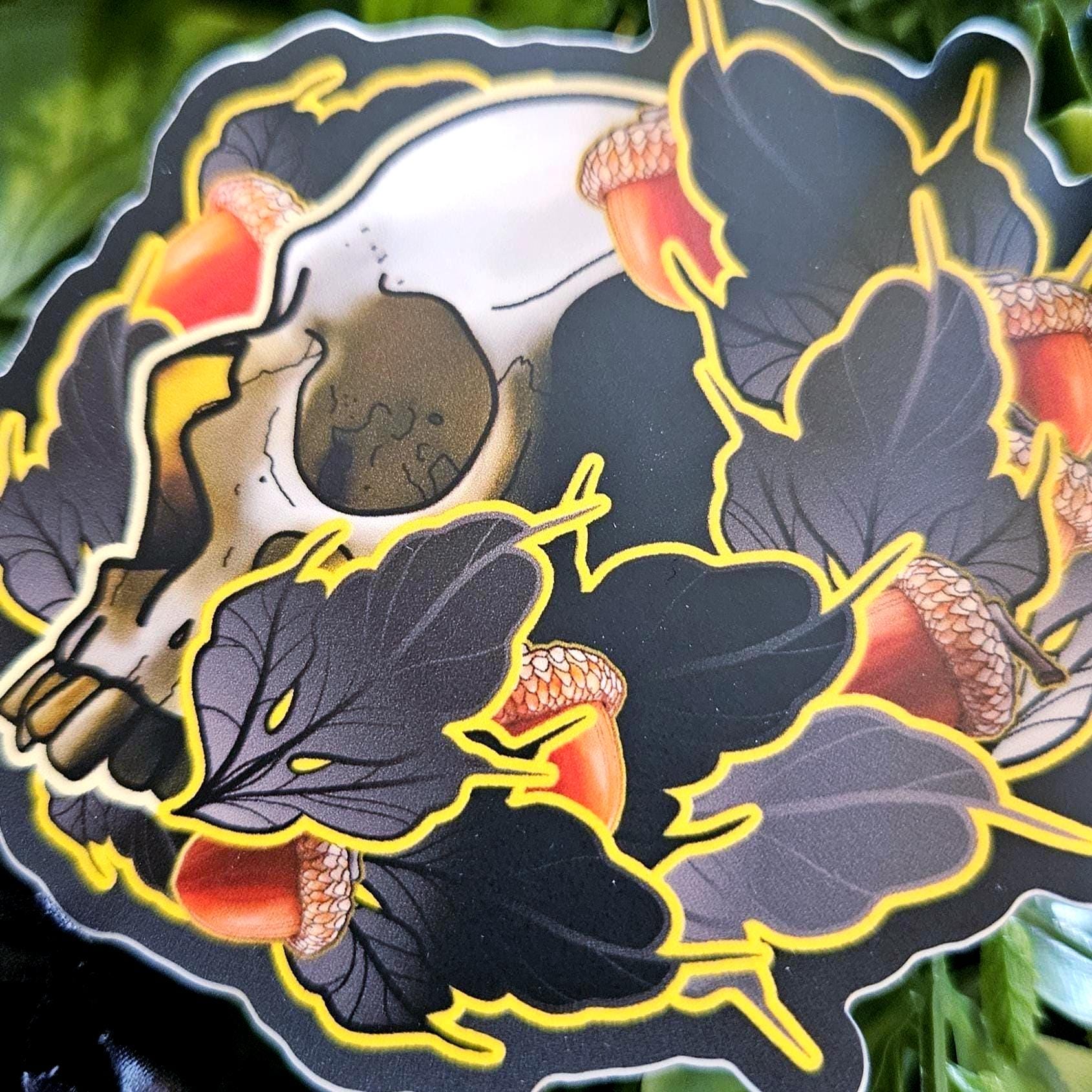 MATTE STICKER: Tattoo Style Skull and Acorns Acornandcrowstudio