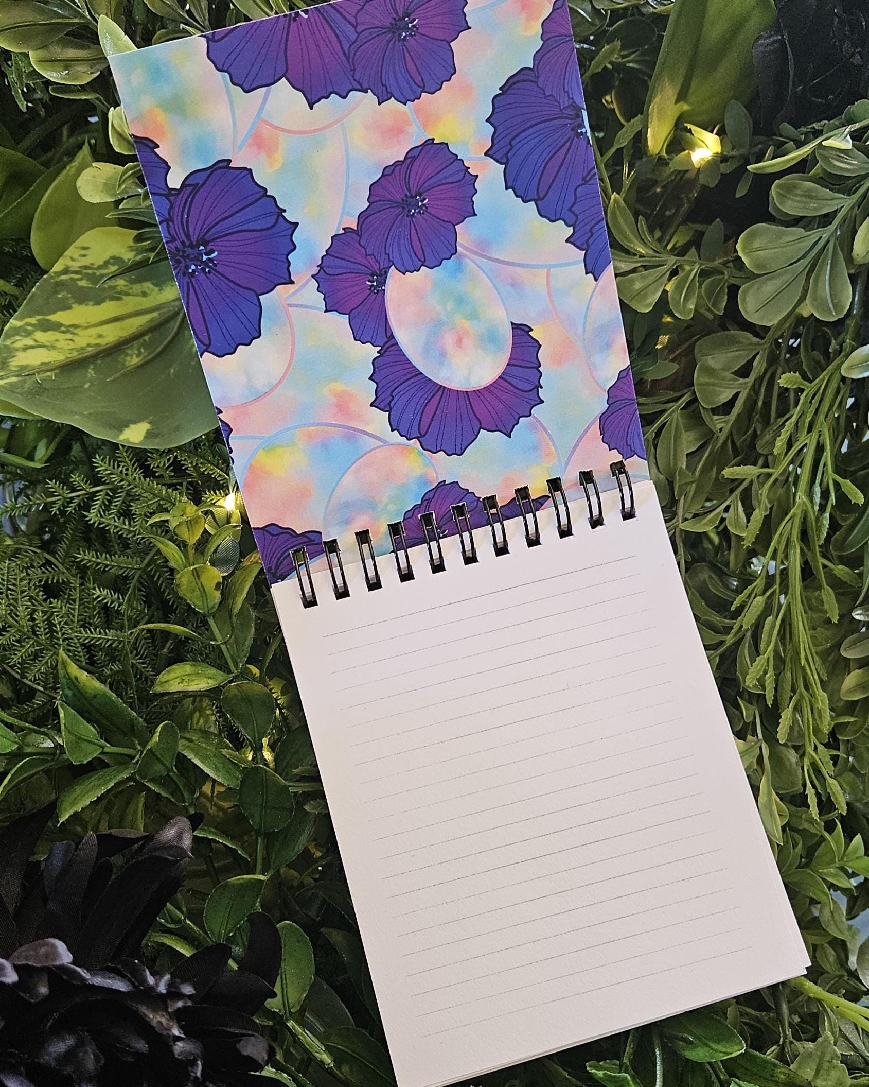4x5 inches HANDMADE Top Bound SPIRAL NOTEBOOK: Opal with Cosmos Flowers Acornandcrowstudio