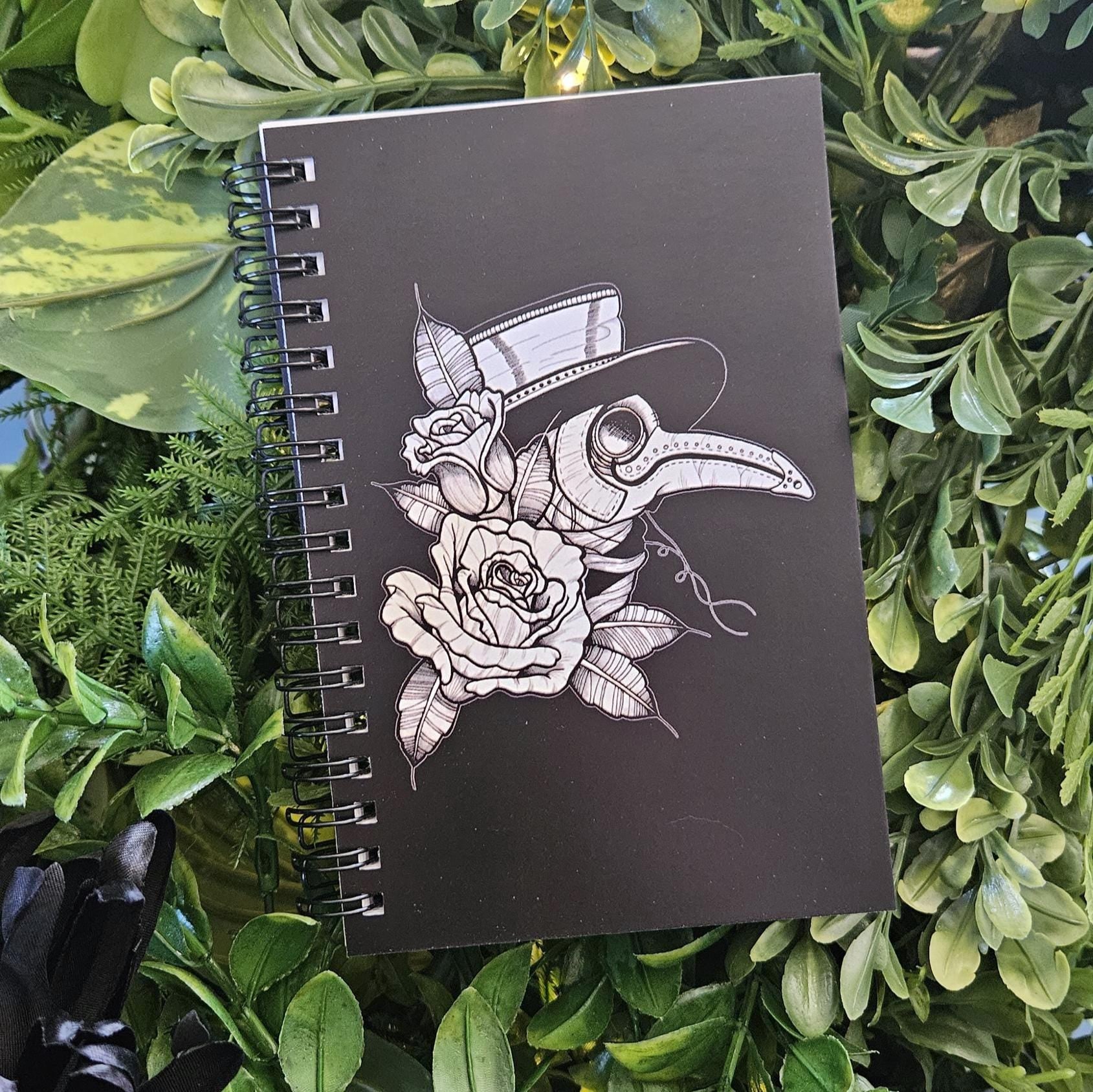 4x6 inches HANDMADE SPIRAL NOTEBOOK: Plague Doctor with Roses Acornandcrowstudio