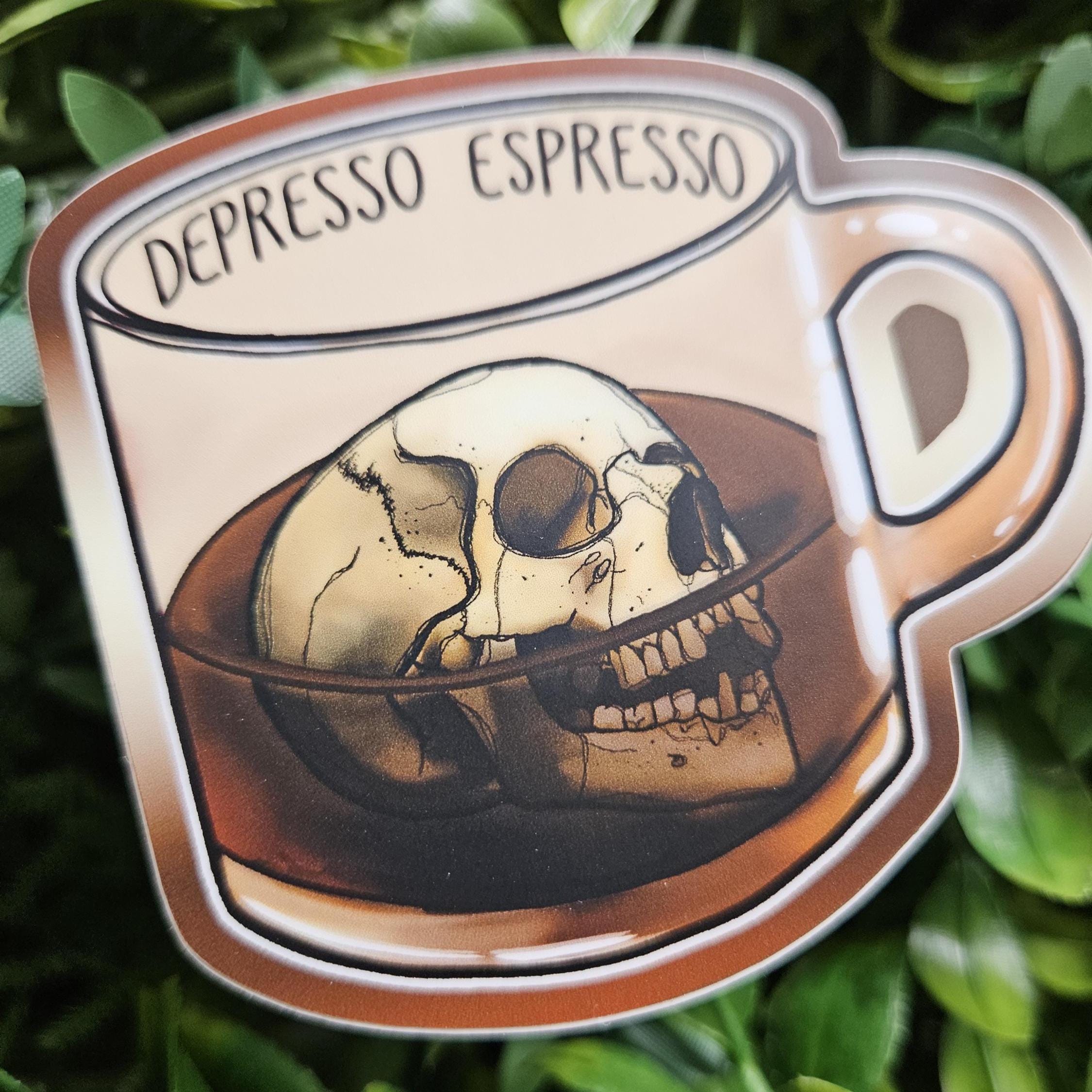 MATTE STICKER: Depresso Espresso Skull Coffee Cup Mental Health Sticker Acornandcrowstudio