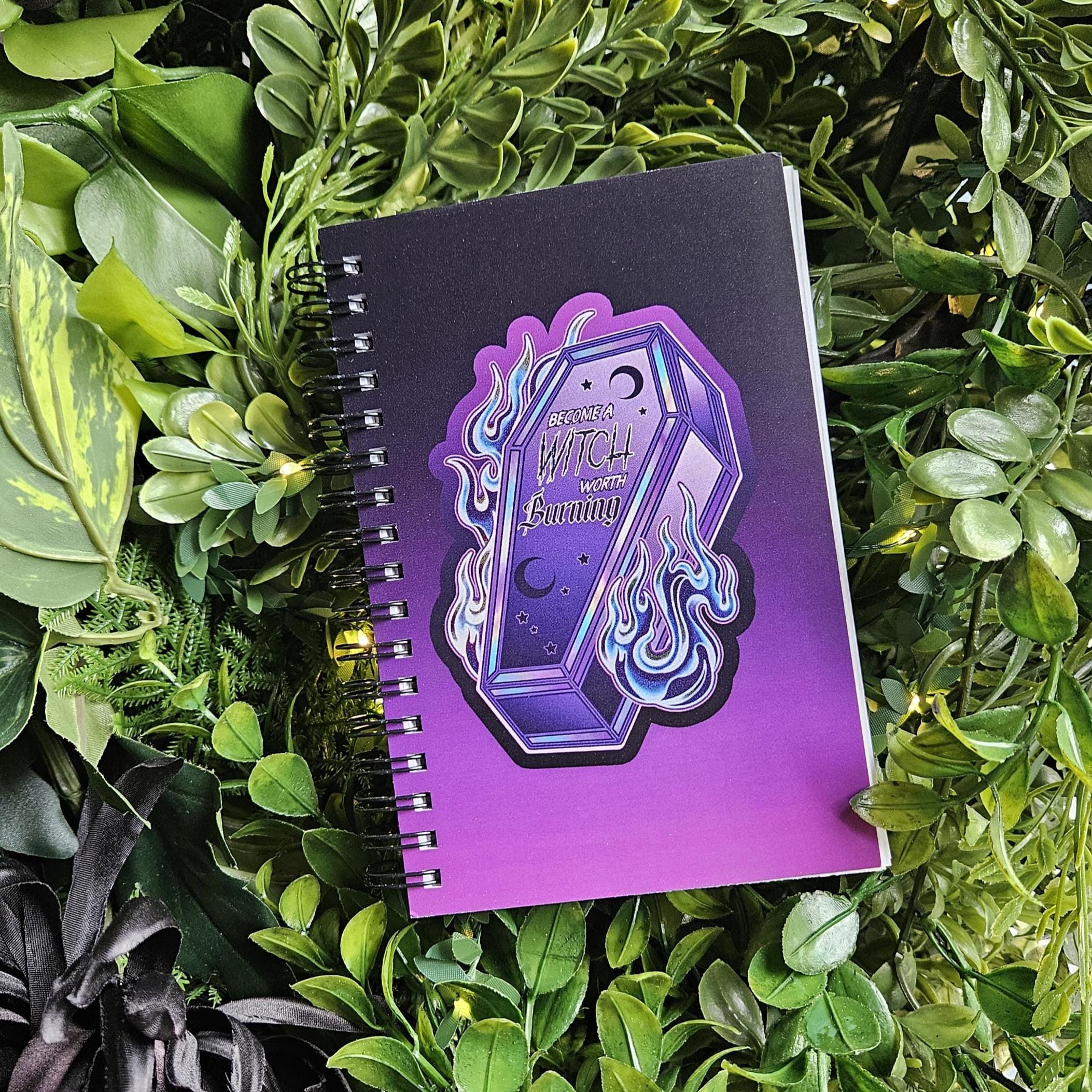 4x6 Handmade Spiral NOTEBOOK: Become a Witch Worth Burning Purple Coffin Acornandcrowstudio