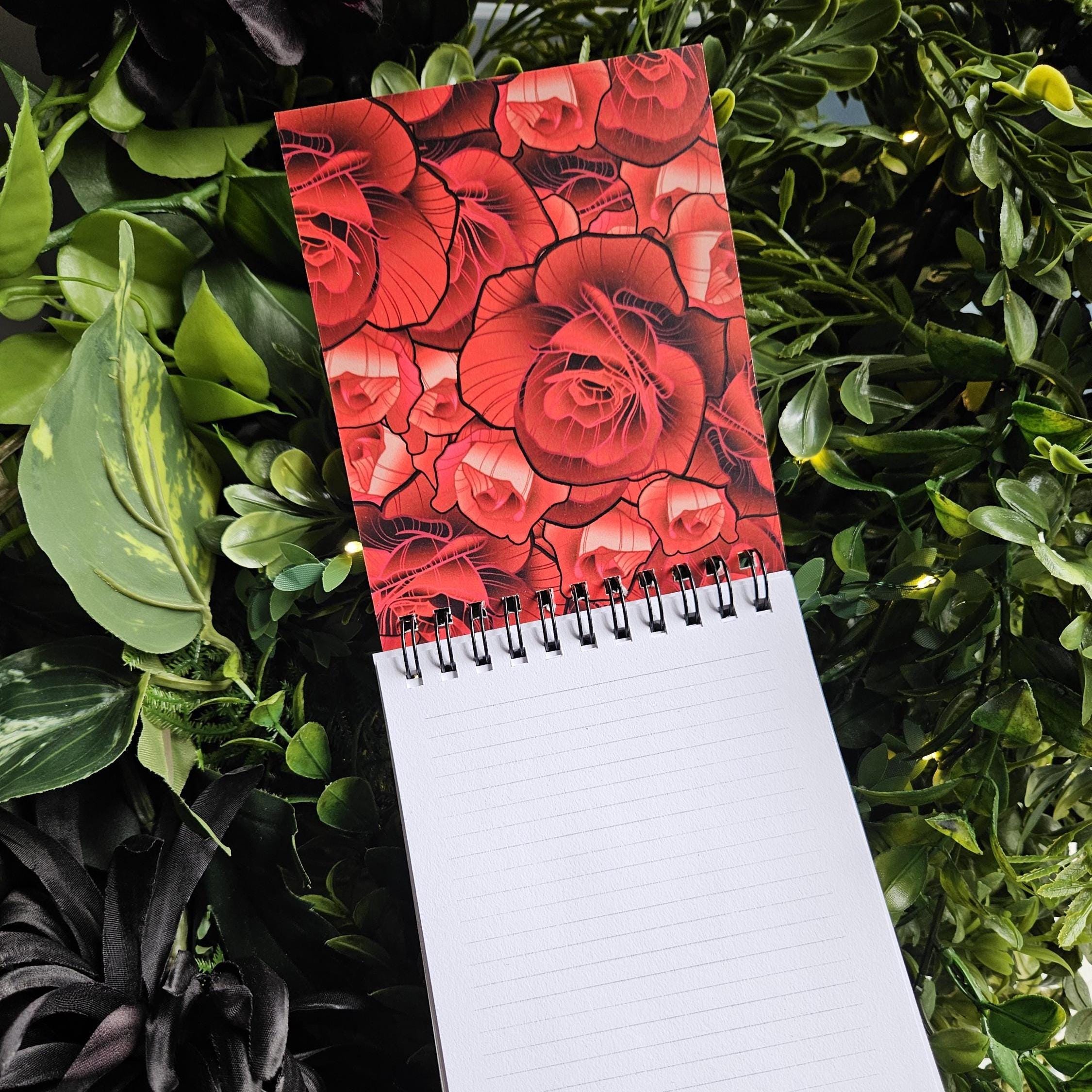4x5 TOP BOUND Handmade Spiral NOTEBOOK: Tired of Your Shit with Red Roses Coffin Acornandcrowstudio