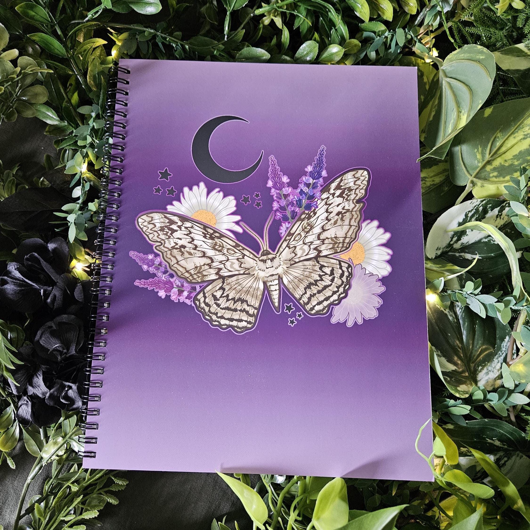 8.5 x 11 HANDMADE SPIRAL NOTEBOOK: White Witch Moth with Daisies and Lavender Acornandcrowstudio