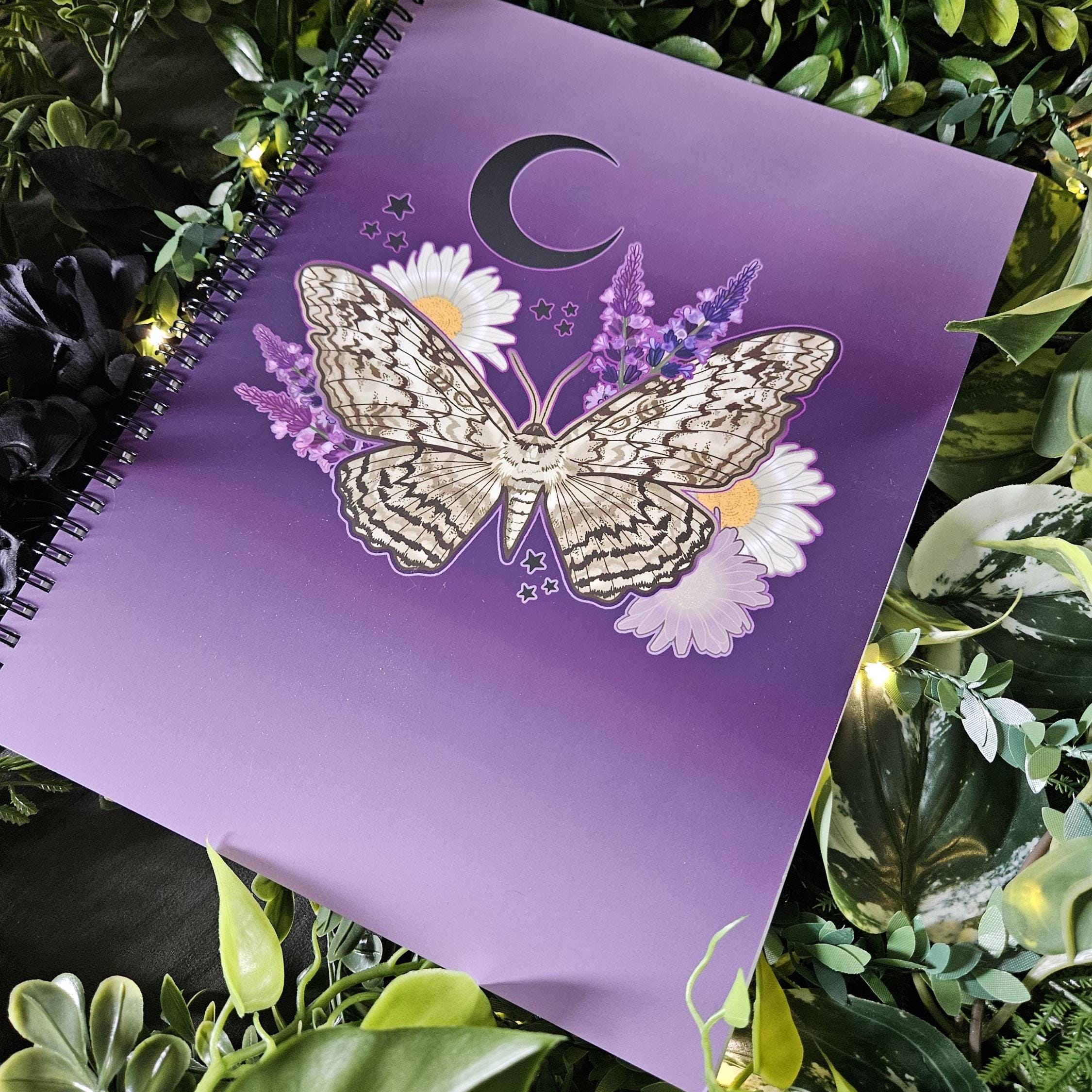 8.5 x 11 HANDMADE SPIRAL NOTEBOOK: White Witch Moth with Daisies and Lavender Acornandcrowstudio