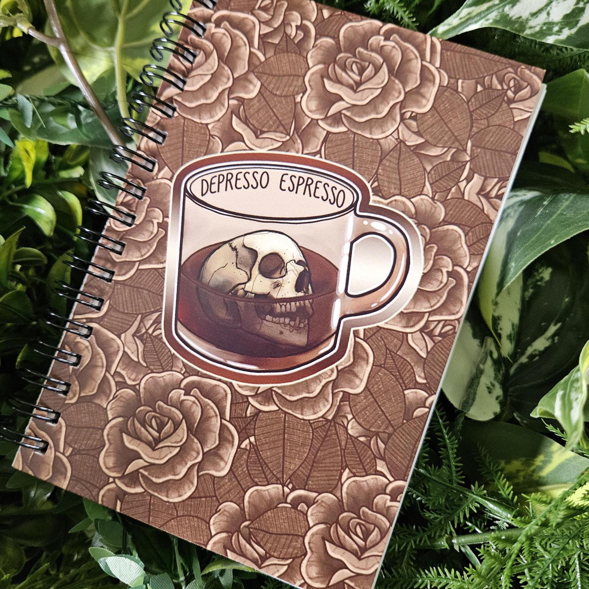 4x6 inches HANDMADE Spiral Notebook: Depresso Espresso Coffee Mug with Skull Acornandcrowstudio