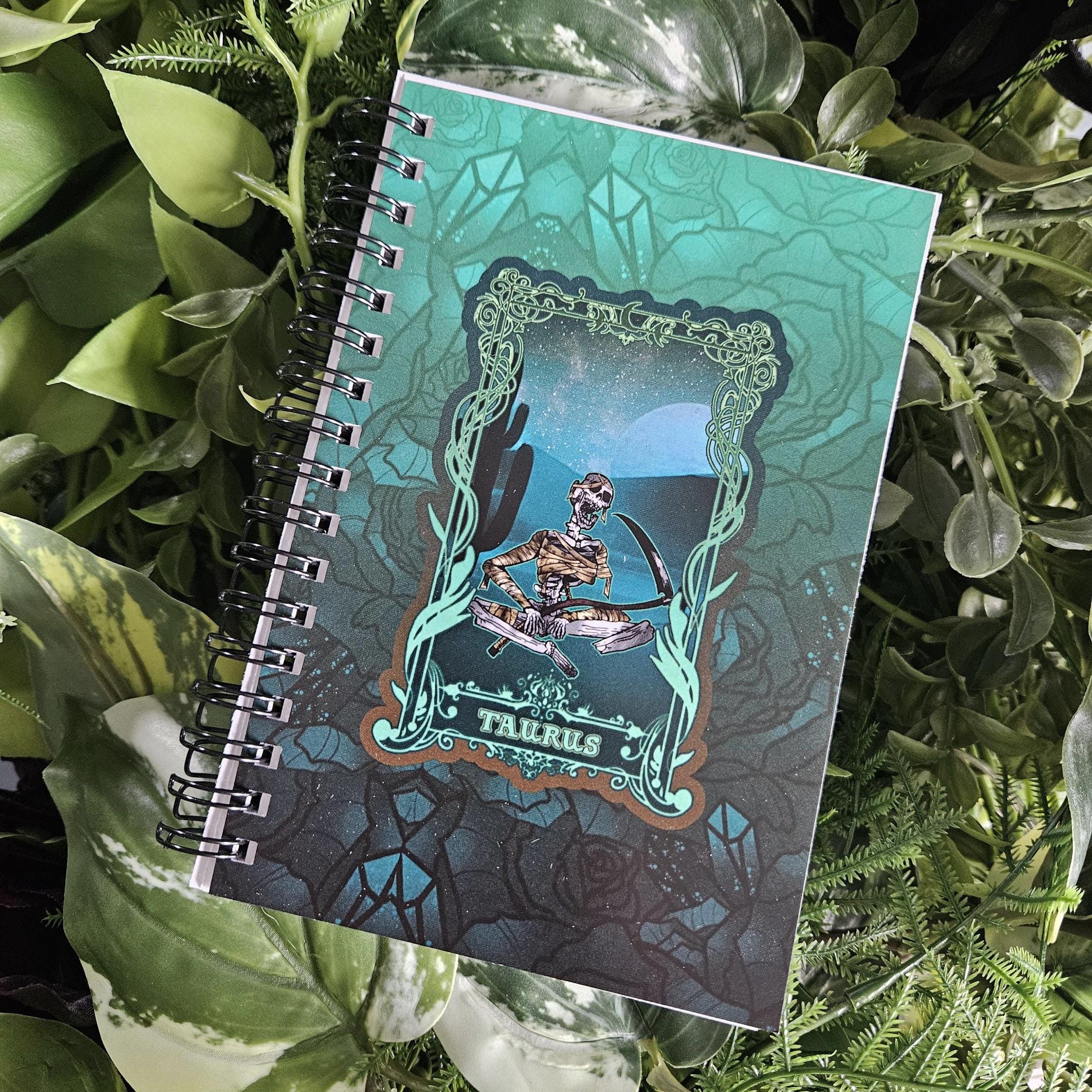 4x6 Handmade SPIRAL NOTEBOOK: TAURUS Zodiac Tarot Style Art Acornandcrowstudio