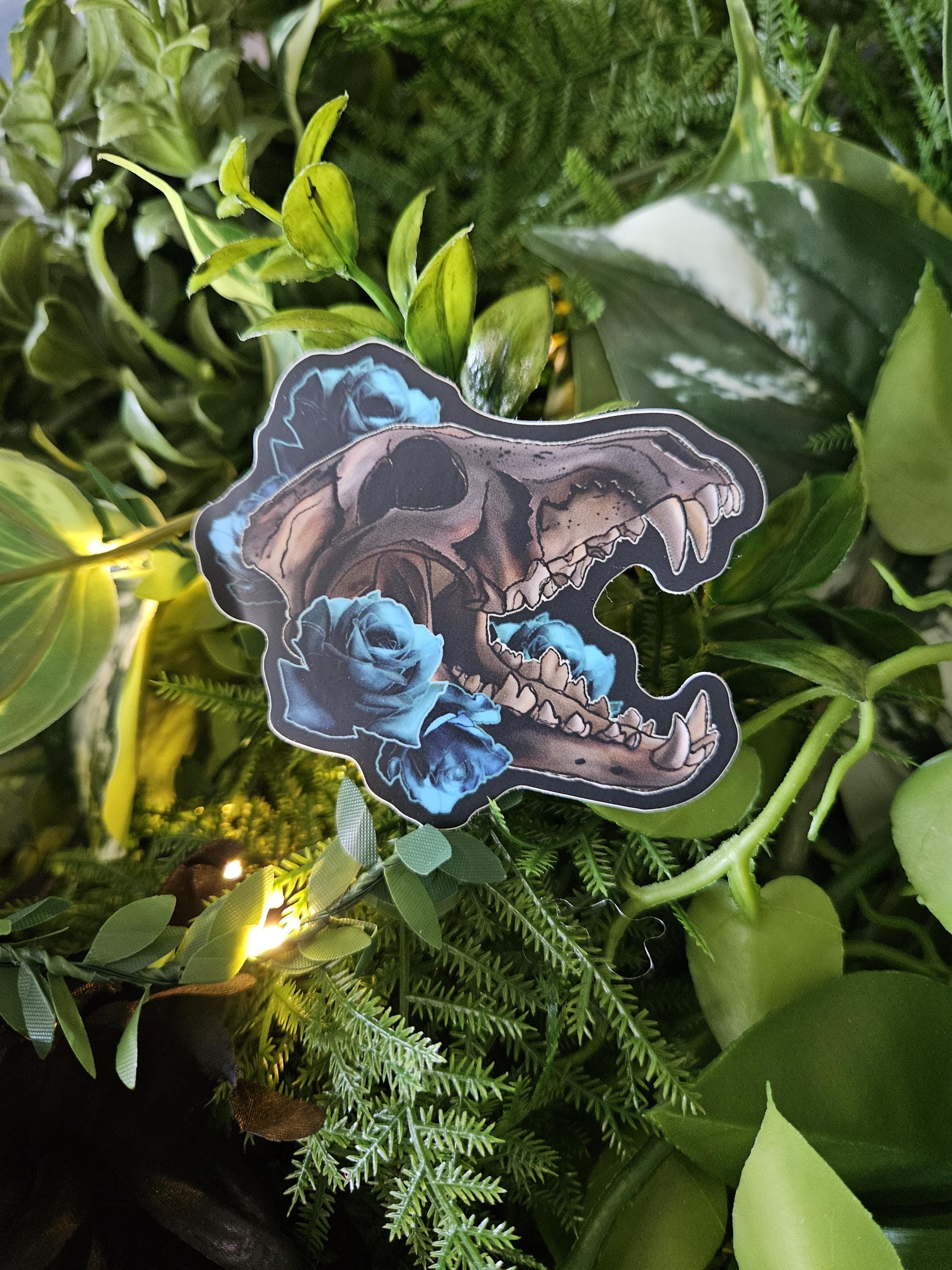 Matte STICKER: Wolf Skull and Blue Roses Acornandcrowstudio