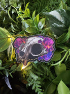 Matte STICKER: Cat Skull and Purple Iris Flower Acornandcrowstudio