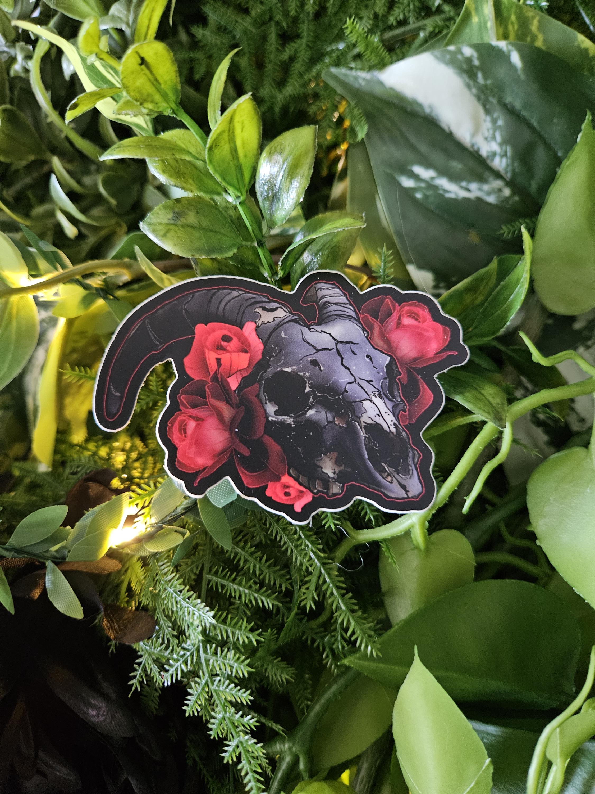 Matte STICKER: Goat Skull and Red Roses Acornandcrowstudio