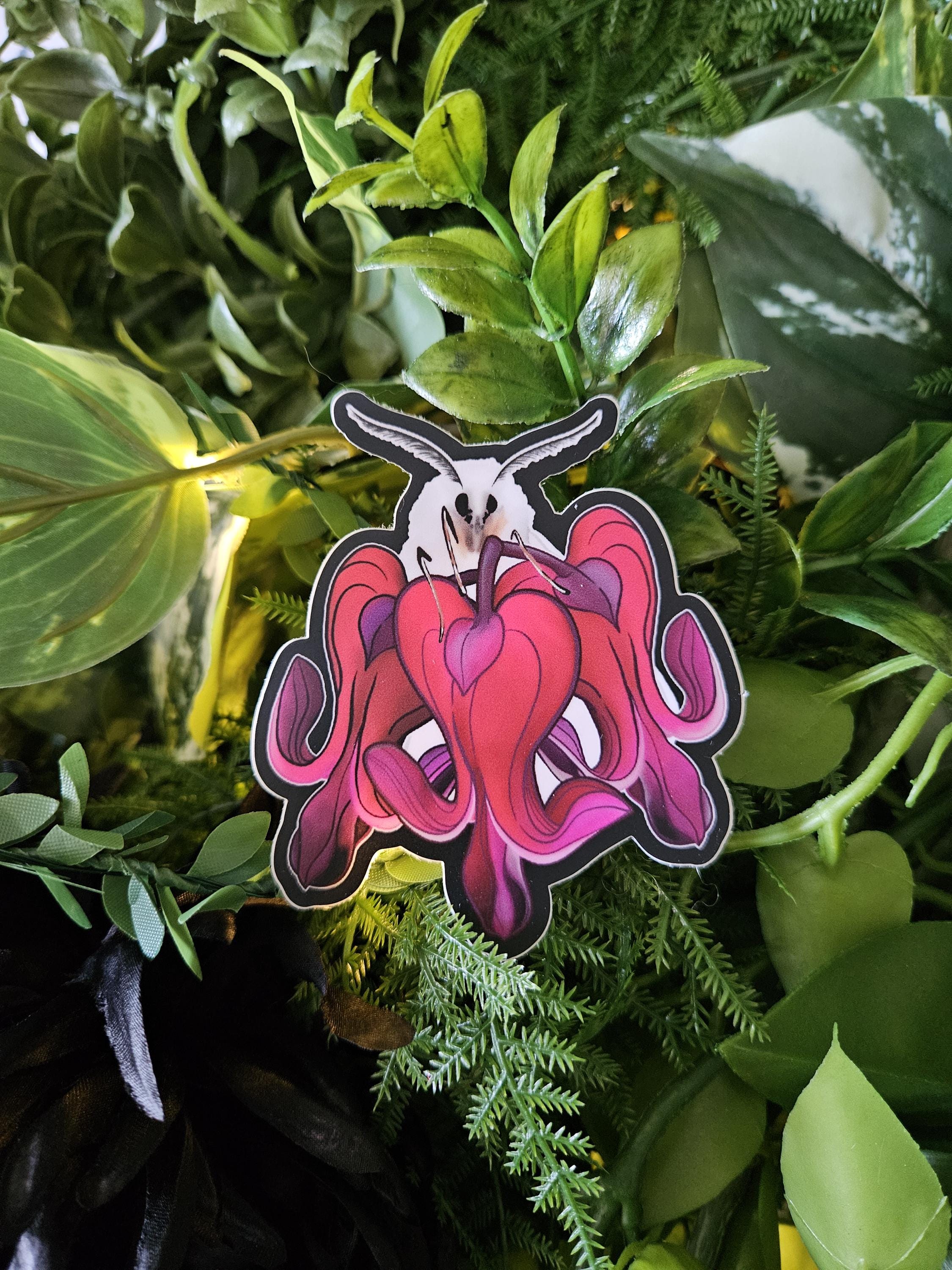 Matte STICKER: Bartholomew the Moth and Bleeding Heart Flowers Acornandcrowstudio