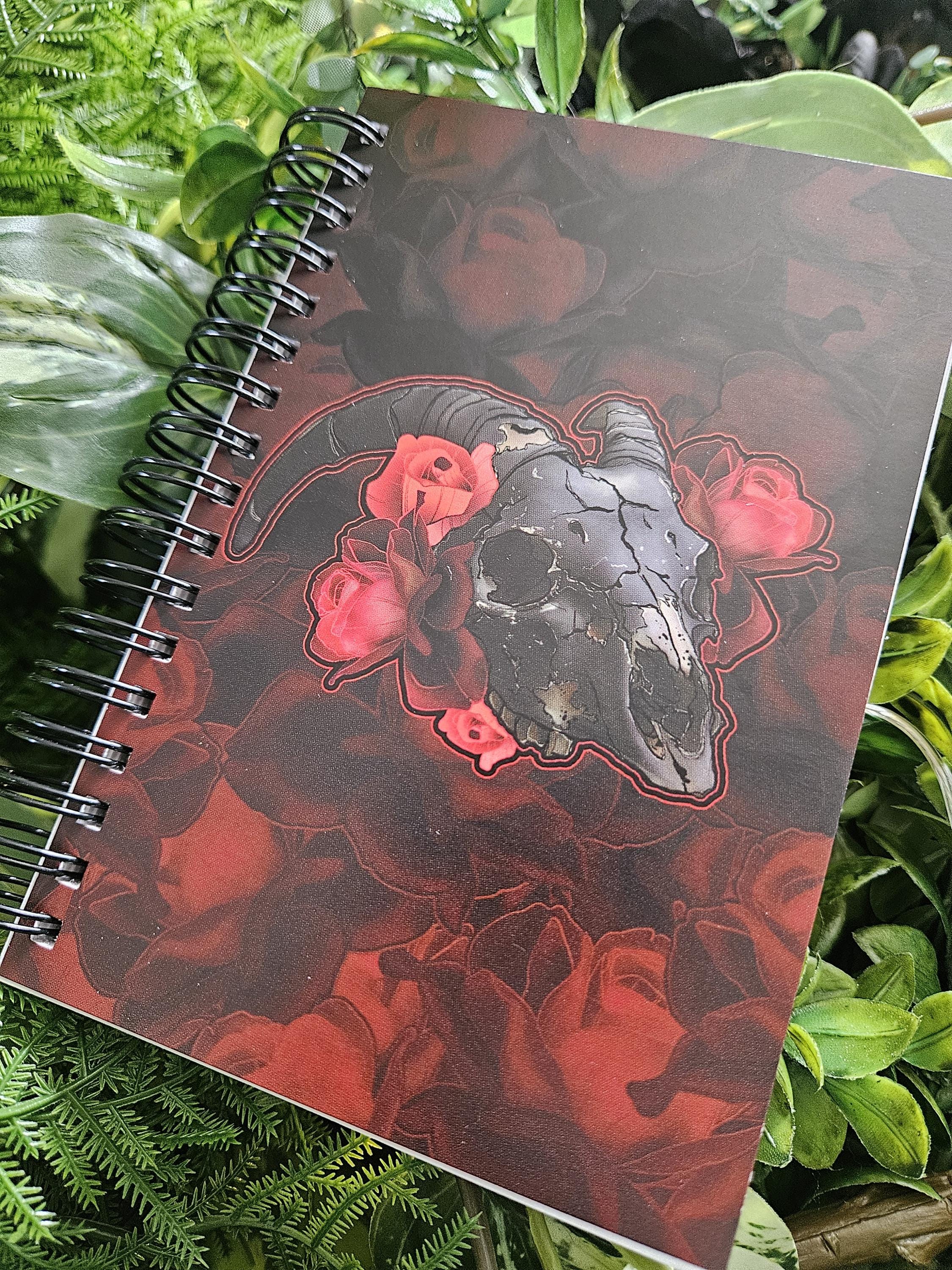 4x6 HANDMADE SPIRAL NOTEBOOK: Goat Skull with Red Roses Acornandcrowstudio