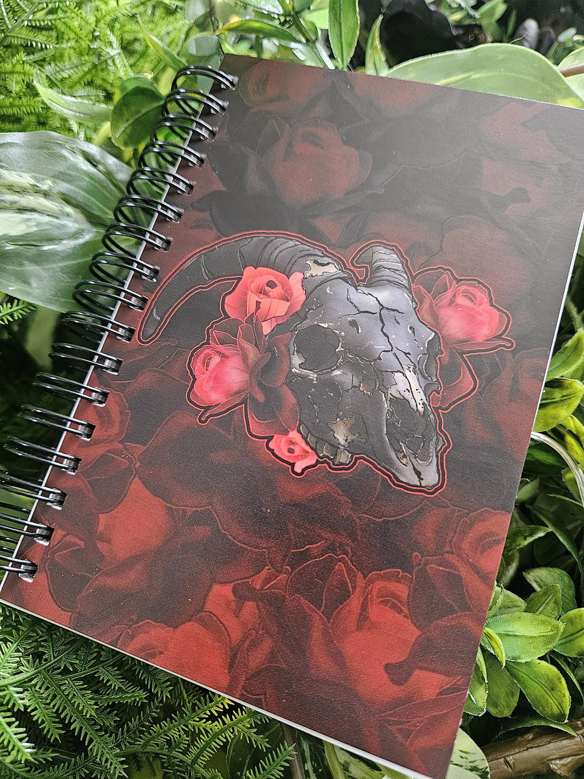 4x6 HANDMADE SPIRAL NOTEBOOK: Goat Skull with Red Roses Acornandcrowstudio