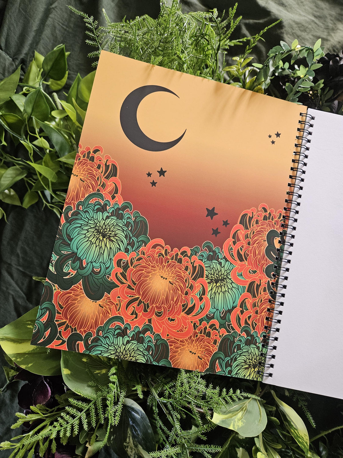 8.5 x 11 HANDMADE SPIRAL NOTEBOOK: Atlas Moth and Chrysanthemum Flowers Acornandcrowstudio