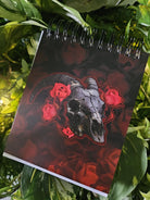4x5 inches HANDMADE Top Bound SPIRAL NOTEBOOK: Goat Skull with Red Roses Acornandcrowstudio