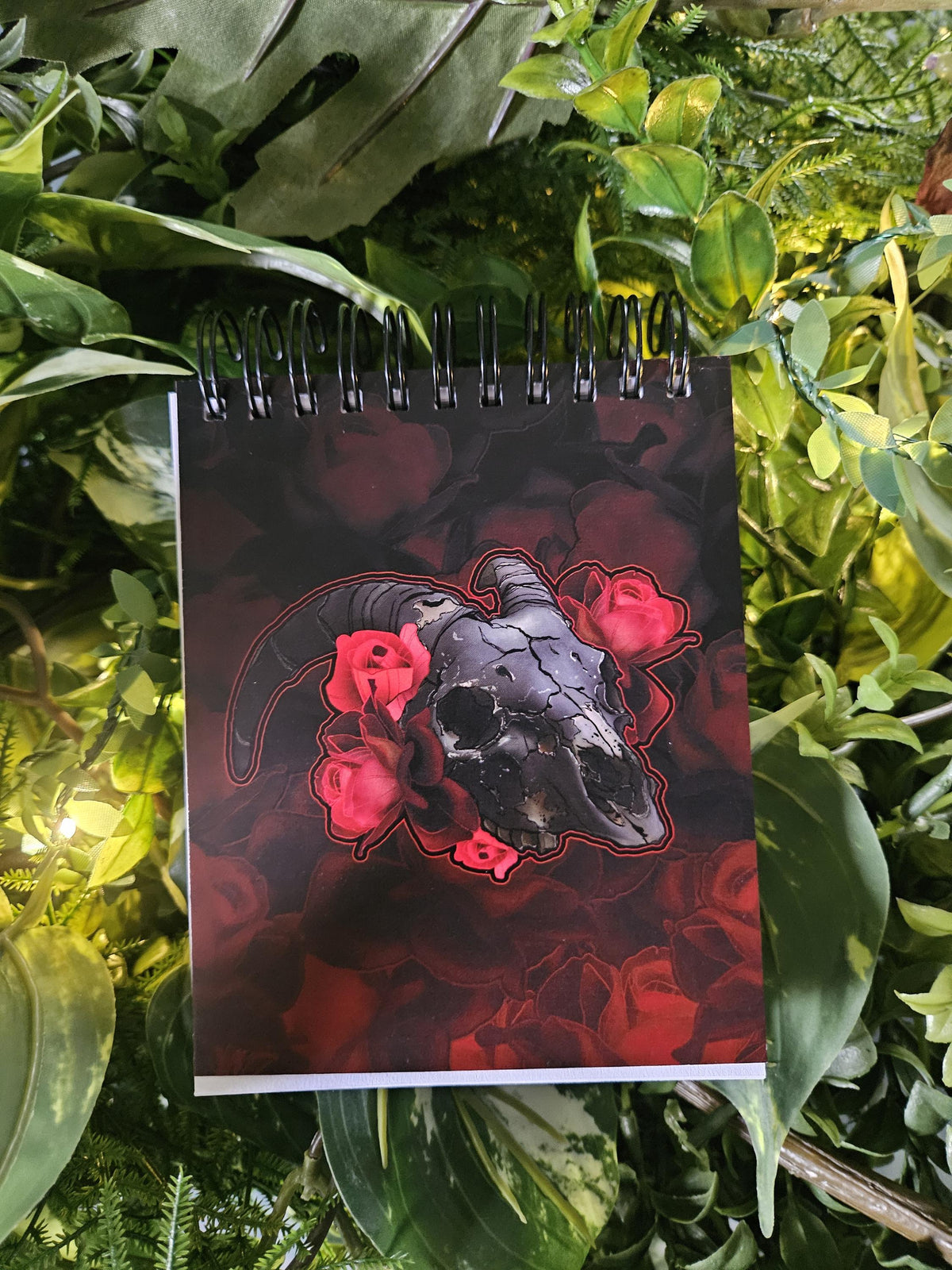 4x5 inches HANDMADE Top Bound SPIRAL NOTEBOOK: Goat Skull with Red Roses Acornandcrowstudio