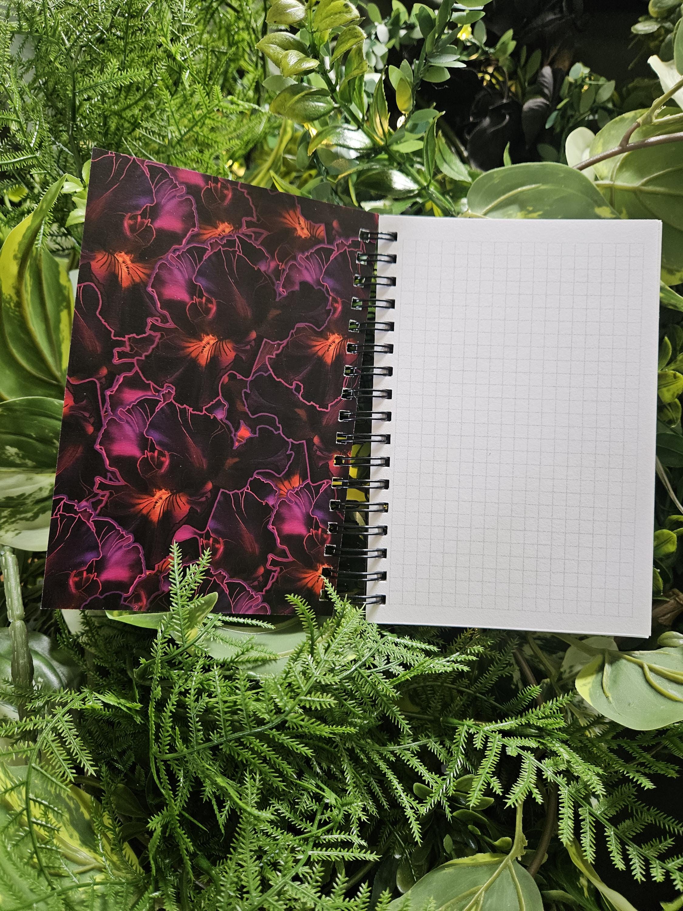 4x6 HANDMADE SPIRAL NOTEBOOK: Cat Skull with Iris Flowers Acornandcrowstudio