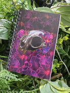 4x6 HANDMADE SPIRAL NOTEBOOK: Cat Skull with Iris Flowers Acornandcrowstudio