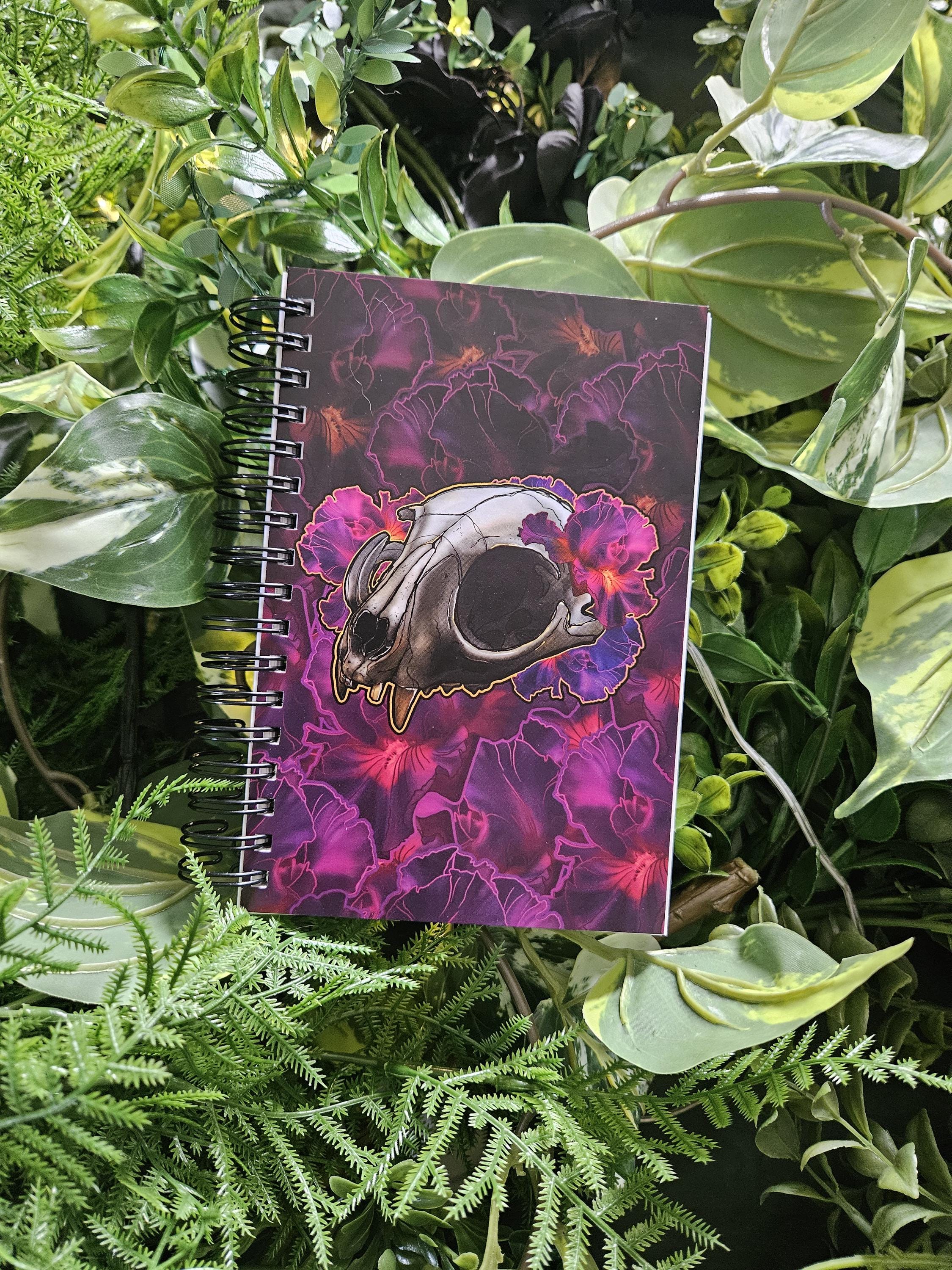 4x6 HANDMADE SPIRAL NOTEBOOK: Cat Skull with Iris Flowers Acornandcrowstudio