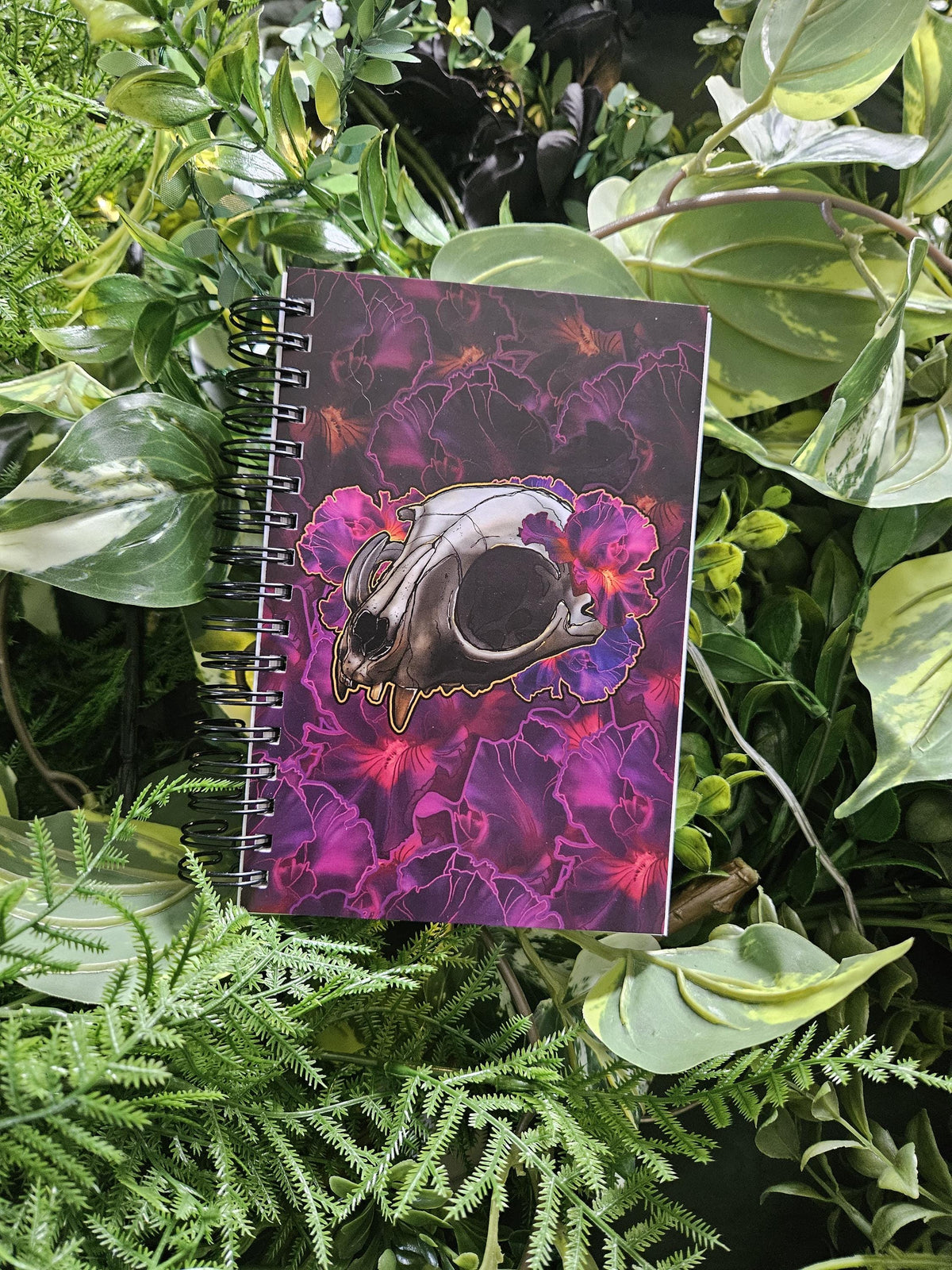 4x6 HANDMADE SPIRAL NOTEBOOK: Cat Skull with Iris Flowers Acornandcrowstudio