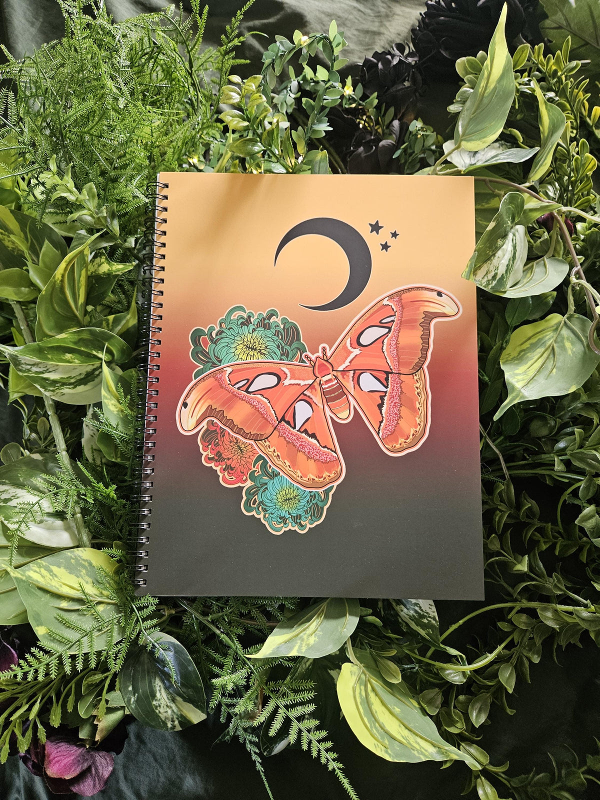 8.5 x 11 HANDMADE SPIRAL NOTEBOOK: Atlas Moth and Chrysanthemum Flowers Acornandcrowstudio