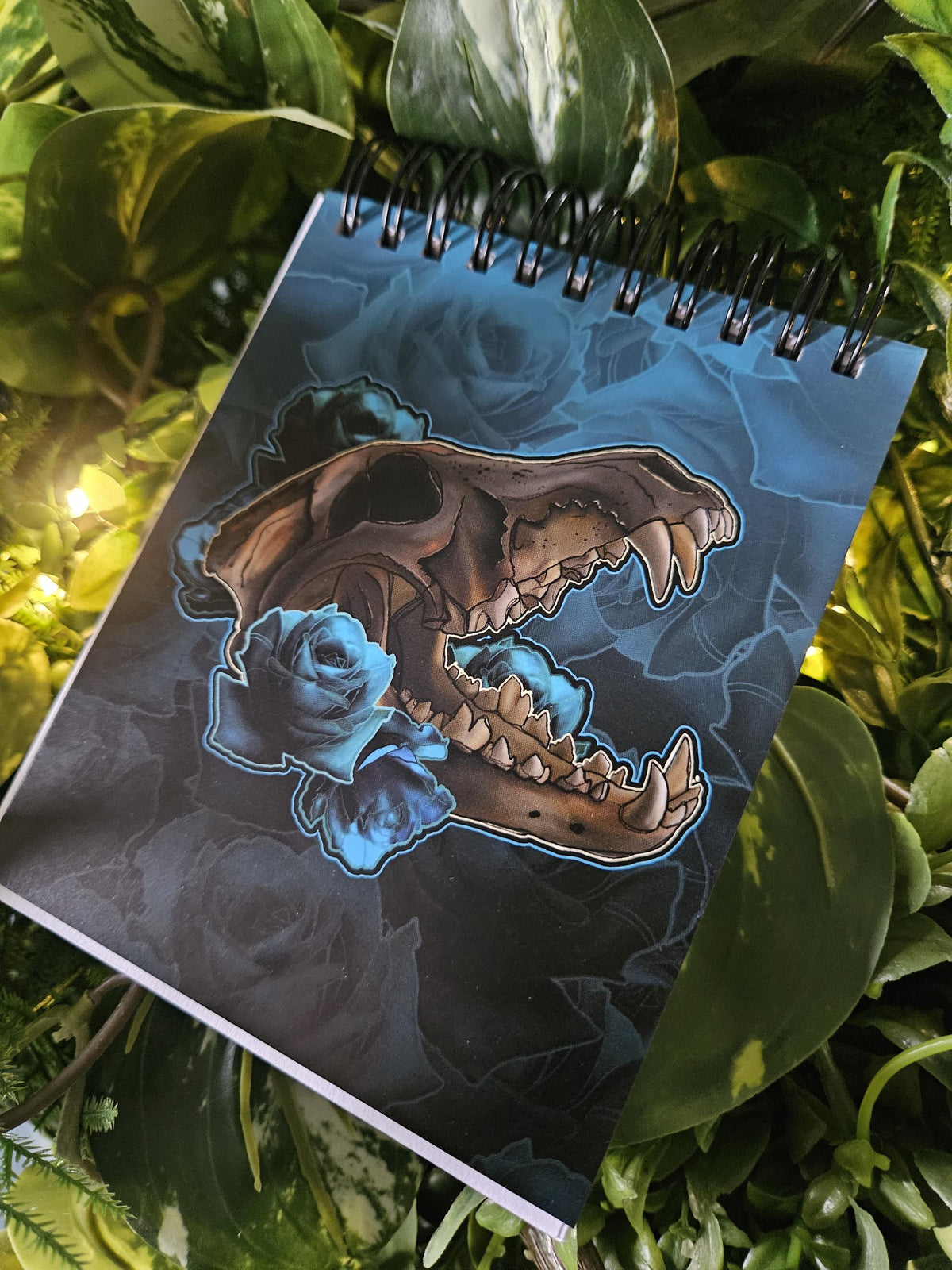 4x5 inches HANDMADE Top Bound SPIRAL NOTEBOOK: Wolf Skull with Blue Roses Acornandcrowstudio