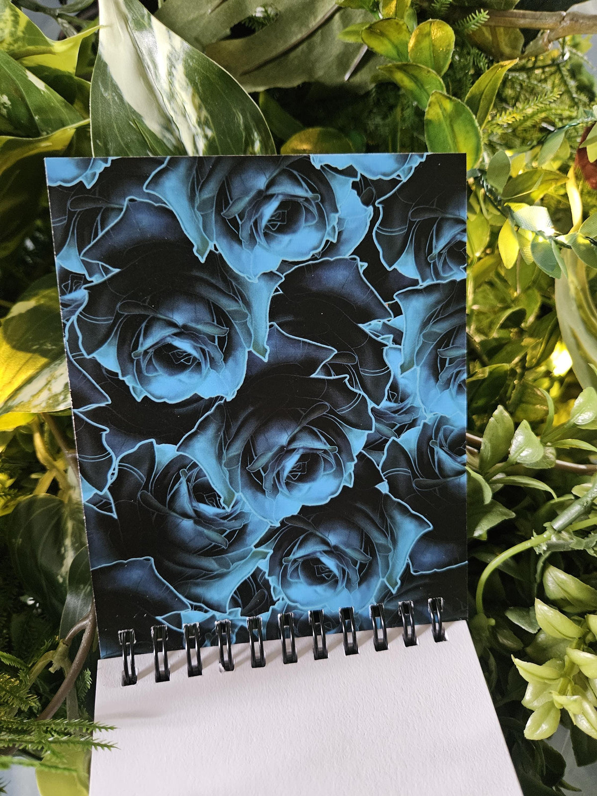 4x5 inches HANDMADE Top Bound SPIRAL NOTEBOOK: Wolf Skull with Blue Roses Acornandcrowstudio