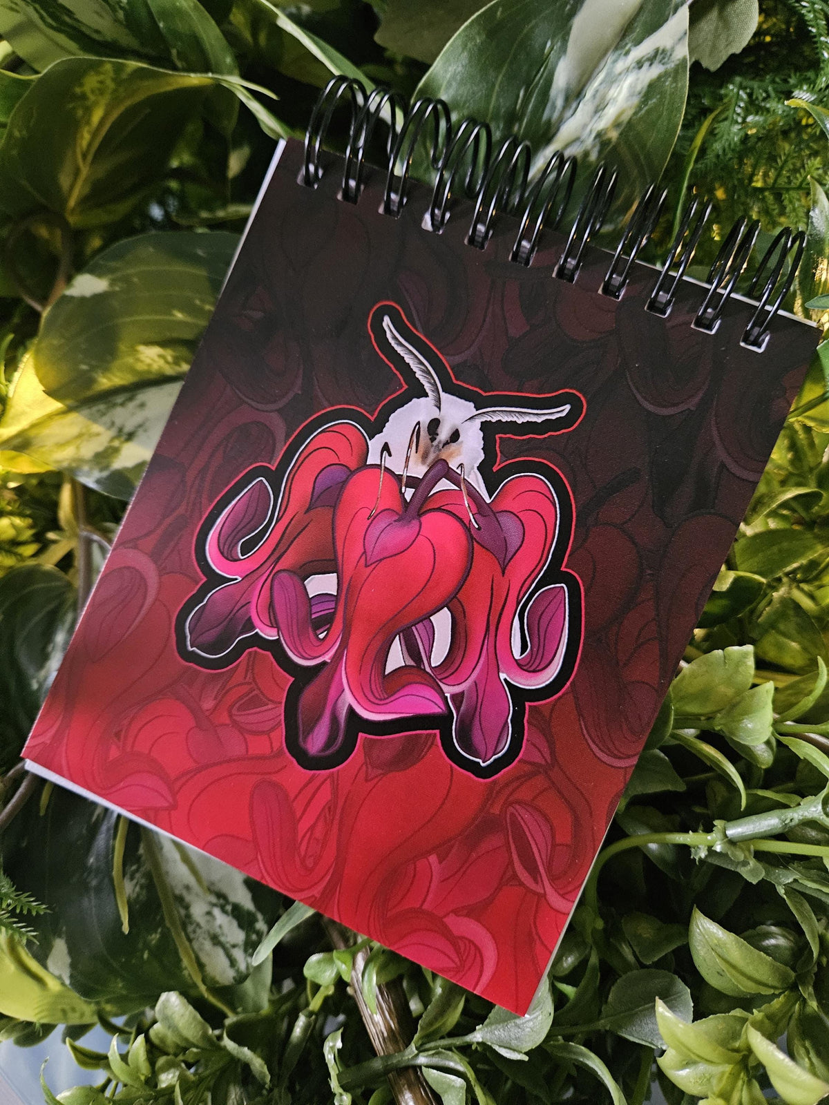 4x5 inches HANDMADE Top Bound SPIRAL NOTEBOOK: Bartholomew the White Moth with Bleeding Heart Flowers Acornandcrowstudio