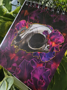 4x5 inches HANDMADE Top Bound SPIRAL NOTEBOOK: Cat Skull with Iris Flowers Acornandcrowstudio