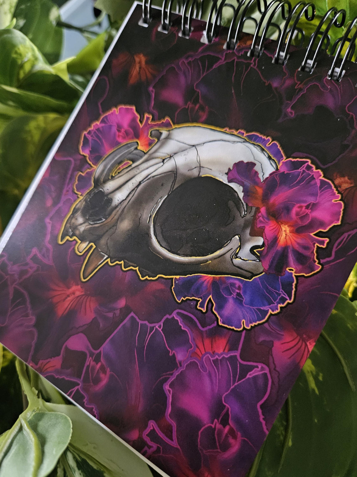 4x5 inches HANDMADE Top Bound SPIRAL NOTEBOOK: Cat Skull with Iris Flowers Acornandcrowstudio