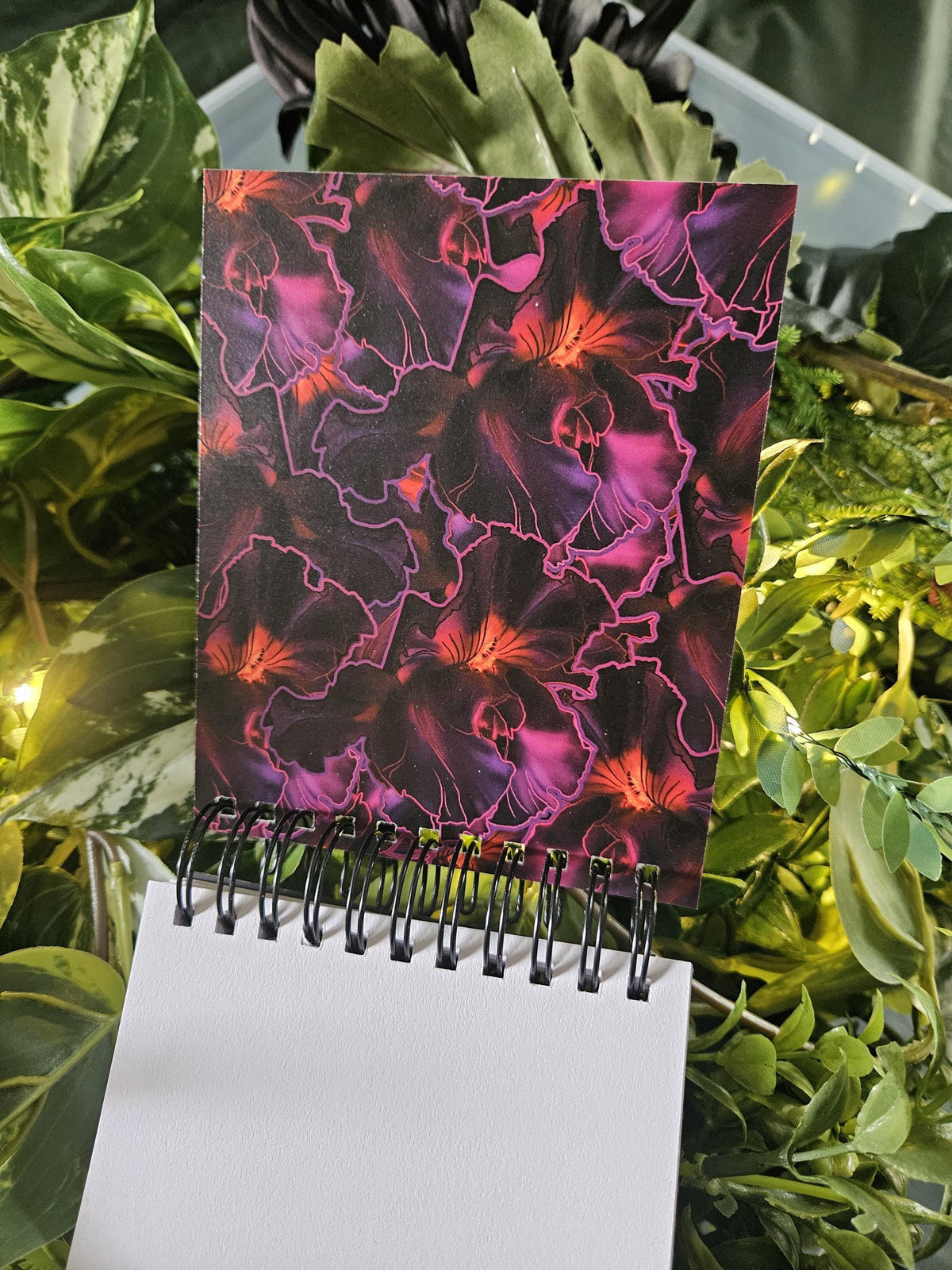 4x5 inches HANDMADE Top Bound SPIRAL NOTEBOOK: Cat Skull with Iris Flowers Acornandcrowstudio