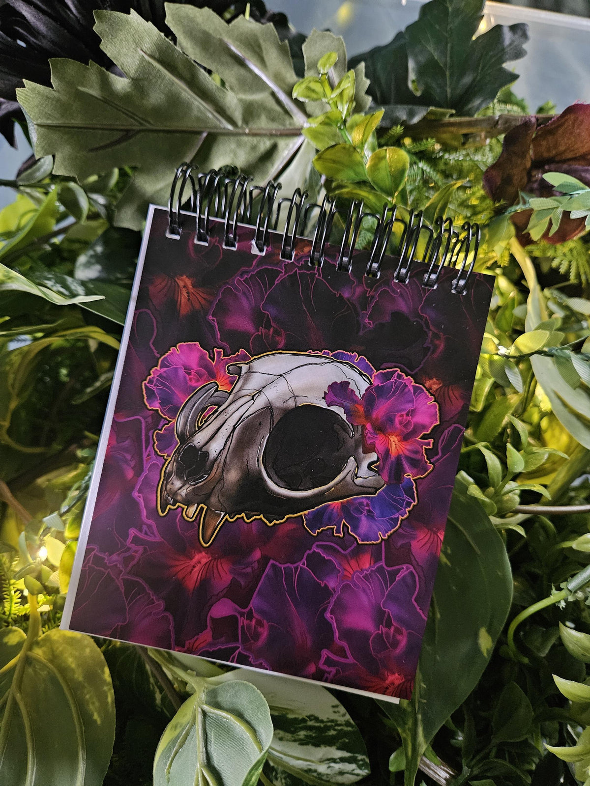 4x5 inches HANDMADE Top Bound SPIRAL NOTEBOOK: Cat Skull with Iris Flowers Acornandcrowstudio